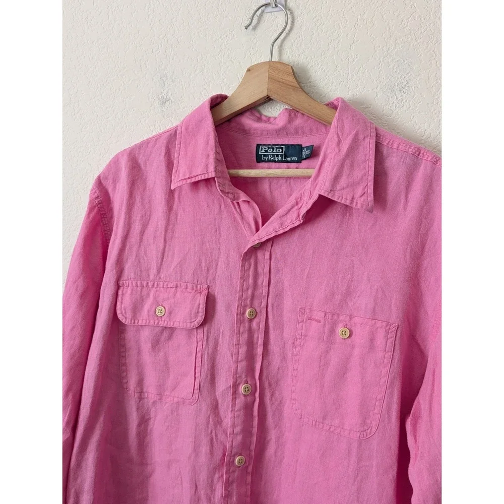 Polo‎ Ralph Lauren Pink 100% Linen Button Down Shirt Mens XL Long Sleeve Pockets